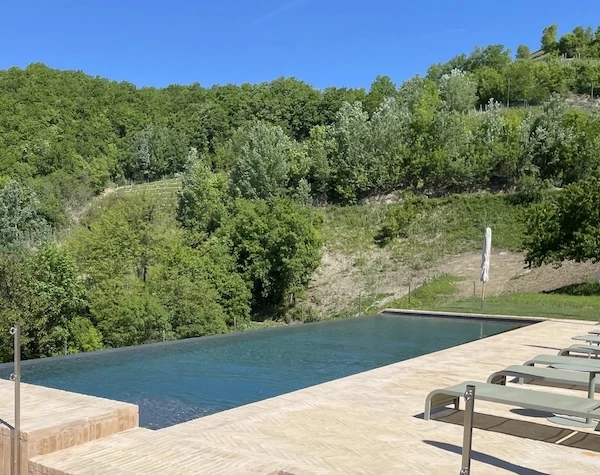 Swimming pool surrounded by lush green hills at Borgo Isolabella, Loazzolo, Piemonte — VEDA Ayurvedic Wellness estate